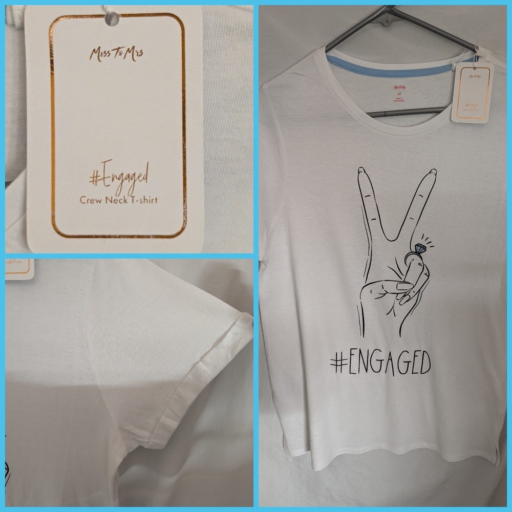 Miss to Mrs Engaged white crew neck  tee shirt cuffed sleeves sz Medium